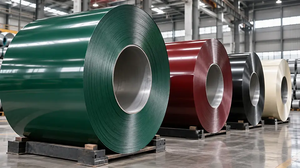 Color-coated steel coils in emerald, burgundy, graphite and ivory